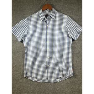 Izod Button Down Shirt Men's Medium Blue Plaid Light Weight Poplin Short Sleeve